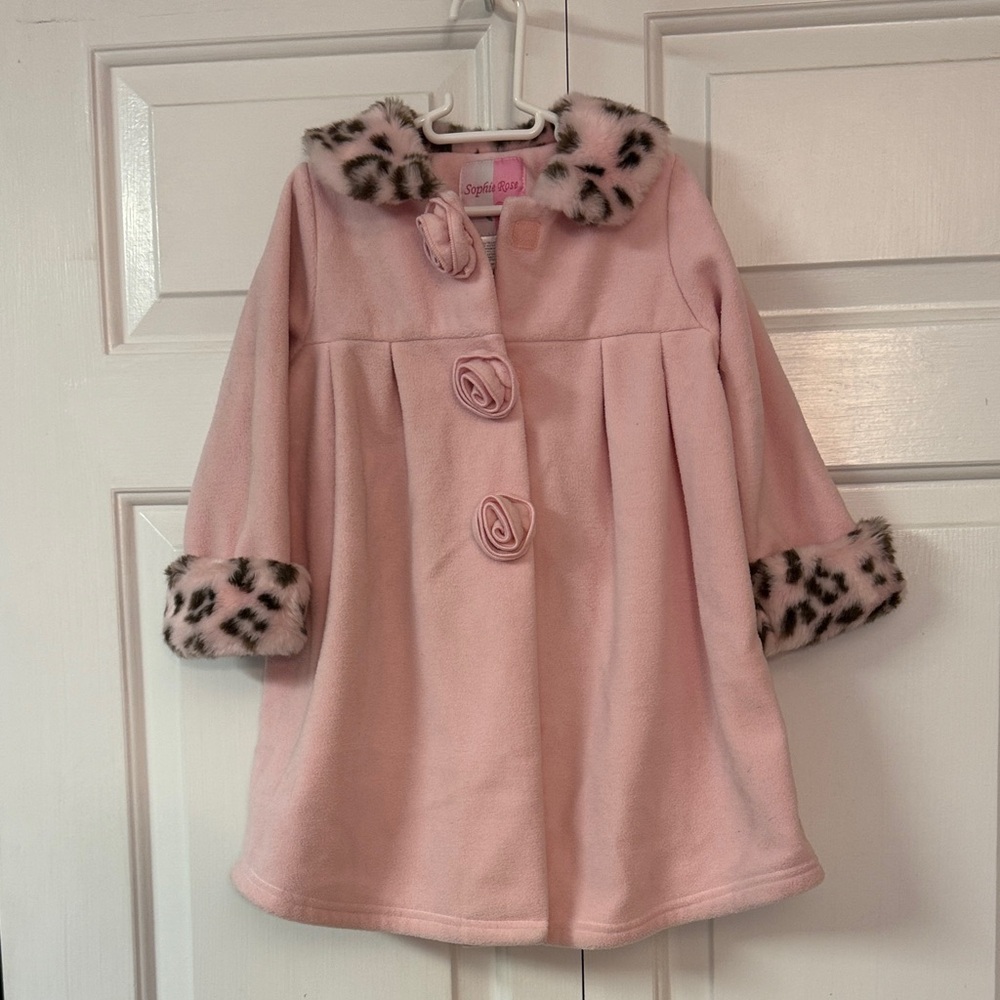 Stylish Pink Kids Pea Coat with Leopard Trim